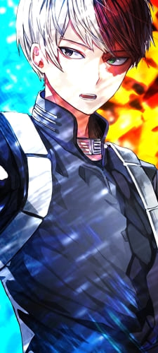 炎と氷が背景のかっこいい轟焦凍 / 緑の瞳 / Shoto Todoroki / 僕のヒーローアカデミアのAndroid用のスマホ壁紙