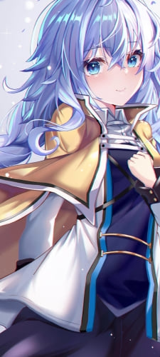 青い花びらが舞う中で拳を握るロキシー・ミグルディア / 無職転生のAndroid用のスマホ壁紙