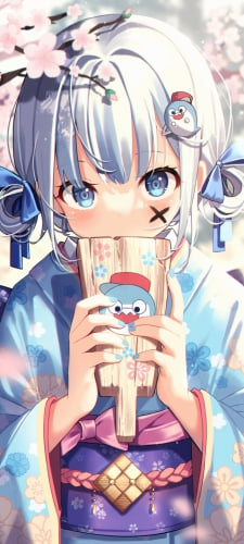 羽子板を口元にあてる可愛いがうる・ぐら / 桜の花 / ホロライブ / バーチャルYouTuber / VtuberのAndroid用のスマホ壁紙