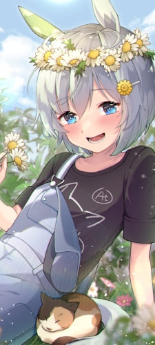 白い花を摘むセイウンスカイ / お昼寝する猫 / ウマ娘プリティーダービーのAndroid用のスマホ壁紙