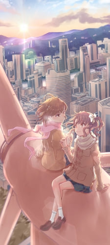 風力タービンに上に座る御坂美琴と白井黒子 / 高層ビル / とある科学の超電磁砲のAndroid用のスマホ壁紙