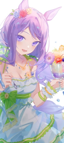 フルーツ・のトロピカルなパフェを持ち笑顔のメジロマックイーン / さざ波フェアレディ / かわいい / ウマ娘プリティーダービーのAndroid用のスマホ壁紙
