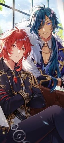 窓際で並んで座るディルック・ラグヴィンドとガイア・アルベリヒ / 原神 / イラスト / ファンアートのAndroid用のスマホ壁紙