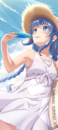 青いアイスを食べるロキシー・ミグルディア / 麦わら帽子 / 無職転生 / ファンアート / イラストのAndroid用のスマホ壁紙