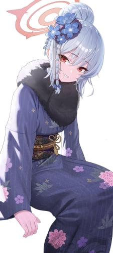 座ってこちらに微笑む黒舘ハルナ / 花柄の着物 / ブルアカ / ブルーアーカイブ / ファンアート / イラストのAndroid用のスマホ壁紙