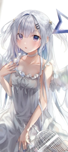 かわいい天音かなたと鳥かご / 白い衣装 / ホロライブ / バーチャルYouTuber / Vtuber / ファンアート / イラストのAndroid用のスマホ壁紙