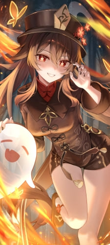 めちゃくちゃ可愛い胡桃とお化け / 襲いかかるポーズ / 桜 / 原神のAndroid用のスマホ壁紙