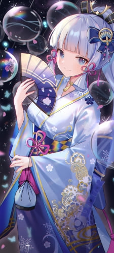 扇子で仰ぐかわいい神里綾華 / 風鈴 / 原神のAndroid用のスマホ壁紙