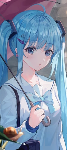 ピンクの傘をさして緑の葉の上のカタツムリを見る初音ミク / ボカロ / ボーカロイドのAndroid用のスマホ壁紙