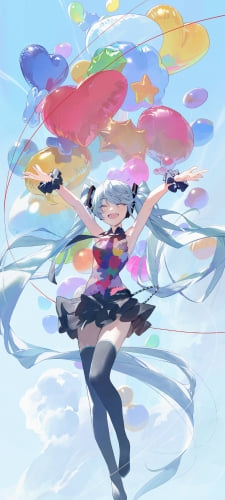 ハートと星型の風船と両手をあげて笑顔の初音ミク / ボカロ / ボーカロイドのAndroid用のスマホ壁紙