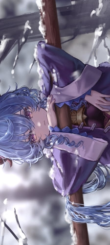 雪がつもった木の柵にもたれる甘雨 / 冬 / 青いロングヘア― / 原神のAndroid用のスマホ壁紙