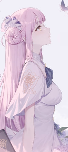 蝶を見つめる白いドレスを着た聖園ミカ (みそのみか) / 綺麗 / 紫陽花 / ブルアカ / ブルーアーカイブのAndroid用のスマホ壁紙