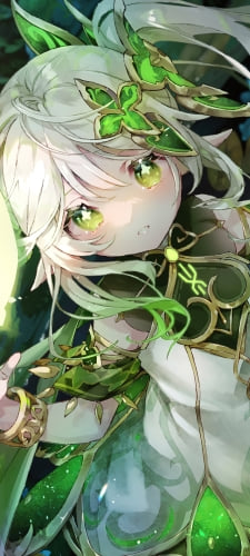 光る蝶と可愛いナヒーダ / キラキラした緑の瞳 / 原神のAndroid用のスマホ壁紙
