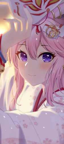 狐のお面を外す笑顔の八重桜 / 崩壊学園 / 崩壊3rd / 崩坏3rdのAndroid用のスマホ壁紙