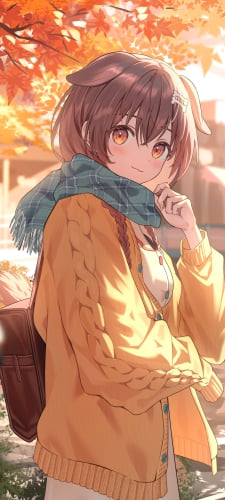 紅葉とマフラーを巻いた戌神ころね / ホロライブ / バーチャルYouTuber / VtuberのAndroid用のスマホ壁紙