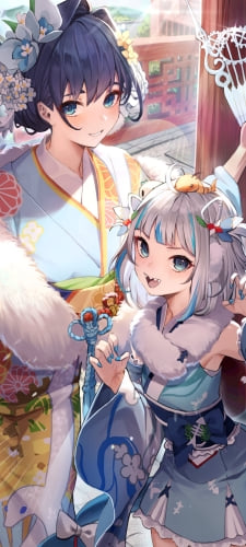 着物を着たがうる・ぐらとオーロ・クロニー / ホロライブ / バーチャルYouTuber / Vtuber / gawr gura  / ouro kroniiのAndroid用のスマホ壁紙