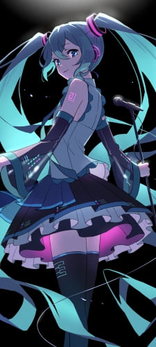 暗がりでマイクスタンドを持ち振り返る可愛い初音ミク / ボカロ / ボーカロイドのAndroid用のスマホ壁紙