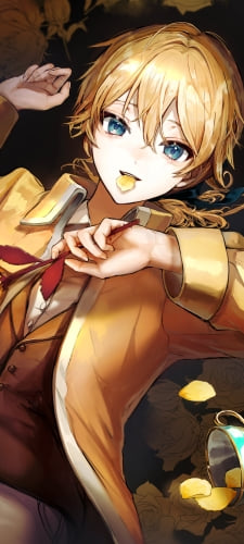 黄色い薔薇を持つ黄色いスーツを着た鏡音レン / エヴィリオス / ボカロ / ボーカロイドのAndroid用のスマホ壁紙