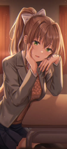 夕暮れの学校で机に肘をつきこちらを見るモニカ / ドキドキ文芸部! / monika / doki doki literature clubのAndroid用のスマホ壁紙
