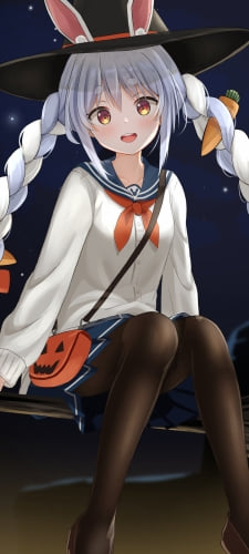 ハロウィンコスのホウキの乗った兎田ぺこら / ホロライブ / バーチャルYouTuber / VtuberのAndroid用のスマホ壁紙