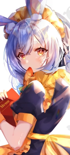 人参を咥えてメニューを持つ兎田ぺこら / ホロライブ / バーチャルYouTuber / VtuberのAndroid用のスマホ壁紙