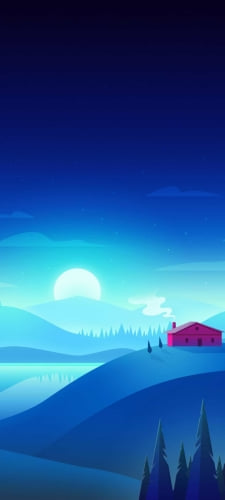青い丘陵に立つ赤い家と朝日 / 夜 / 月のAndroid用のスマホ壁紙