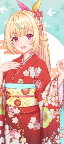 梅の花の絵柄の赤い着物を着た星川サラ / にじさんじ / バーチャルYouTuber / VtuberのAndroid用のスマホ壁紙