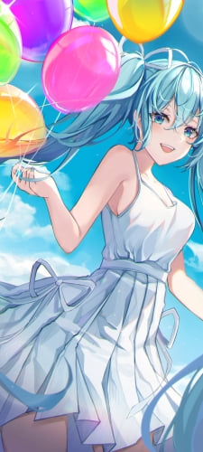 ピンク・紫・緑・黄色の鮮やかな風船を持つ白いドレスを着た笑顔の初音ミク / ボカロ / ボーカロイドのAndroid用のスマホ壁紙