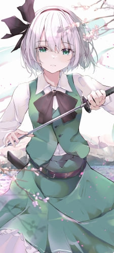 剣をかまえる魂魄妖夢（こんぱく ようむ） / 梅の花 / 東方のAndroid用のスマホ壁紙