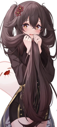 ツインテールの長い髪で顔を隠し照れている可愛い胡桃とそれを見て笑うお化け / 原神のAndroid用のスマホ壁紙