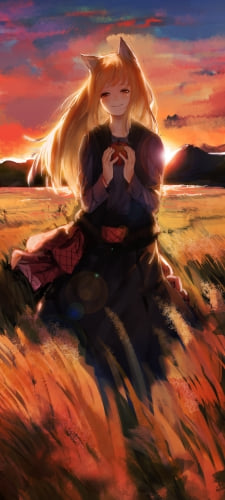 リンゴを持ち微笑むホロ / 狼と香辛料のAndroid用のスマホ壁紙