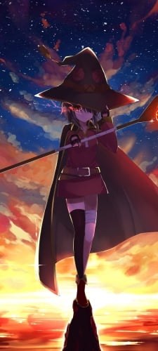 帽子に手をかけて杖をかざすめぐみん / この素晴らしい世界に祝福を!のAndroid用のスマホ壁紙