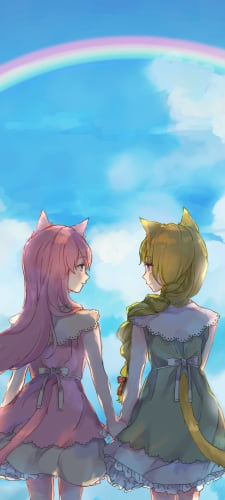 手をつなぐふうにゃんと如月梢 / 虹 / SiesteCatのAndroid用のスマホ壁紙