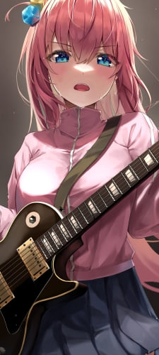 スポットライトを浴びながら黒いギターを弾いている後藤ひとり / ぼっち・ざ・ろっく! / ファンアート / イラストのAndroid用のスマホ壁紙
