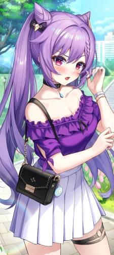 紫の洋服を着た可愛い刻晴 / お出かけ / 黒いバック / 原神のAndroid用のスマホ壁紙