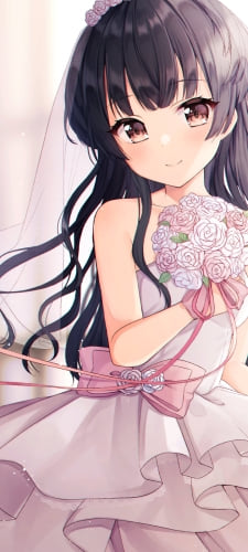 ウェディングドレスを着た可愛い黛冬優子(まゆずみ ふゆこ) / 薔薇の花束 / アイドルマスターシャイニーカラーズのAndroid用のスマホ壁紙
