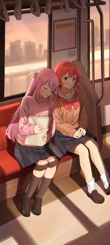 電車で寝ている後藤ひとりと肩を貸している喜多郁代 / ぼっち・ざ・ろっく! / ファンアート / イラストのAndroid用のスマホ壁紙