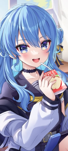 窓際でりんごジュースを飲みゲームをする星街すいせい / ホロライブ / バーチャルYouTuber / VtuberのAndroid用のスマホ壁紙