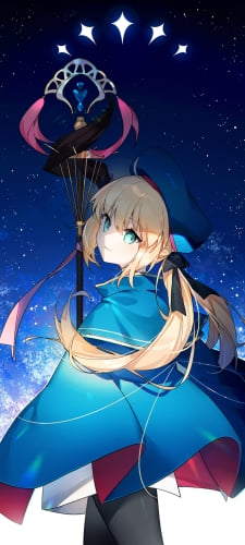 大きな杖を持ち振り返るアルトリア・ペンドラゴン / アルトリア・キャスター / 銀河 / 星空 / fate/grand orderのAndroid用のスマホ壁紙