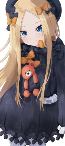 オレンジの熊のぬいぐるみを持つ可愛いアビゲイル・ウィリアムズ / fate/grand orderのAndroid用のスマホ壁紙
