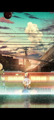 電車 踏み切り 雨 傘 電線 少女のAndroid用のスマホ壁紙