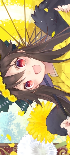 黄色い着物を着て和傘をさした笑顔の霊烏路空 / 東方のAndroid用のスマホ壁紙