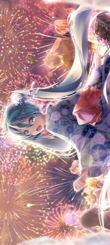 綺麗な花火と浴衣を着て振り返る可愛い初音ミク / ボカロ / ボーカロイドのAndroid用のスマホ壁紙