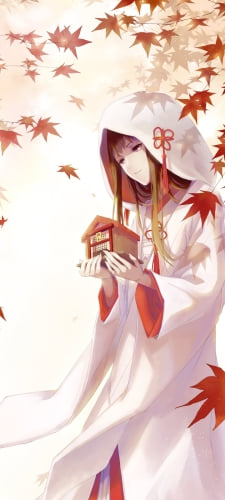 紅葉と白い着物を着た壱岐ひより / ノラガミのAndroid用のスマホ壁紙