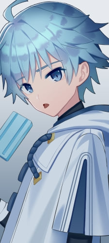 青いアイスを持ちながらこちらを見つめる重雲 / アホ毛 / 青い髪 / 白いフード付きの洋服 / 原神のAndroid用のスマホ壁紙