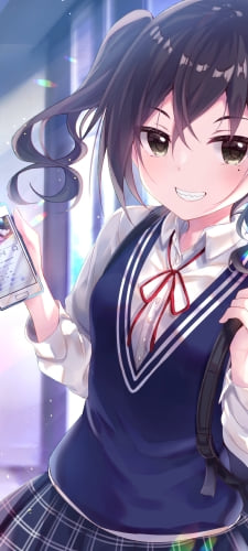スマホを持ち笑う砂塚あきら / 青いリュック / アイドルマスターシンデレラガールズのAndroid用のスマホ壁紙