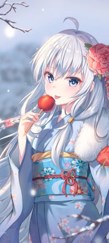 雪の中でりんご飴を舐める着物を着たイレイナ / 魔女の旅々のAndroid用のスマホ壁紙