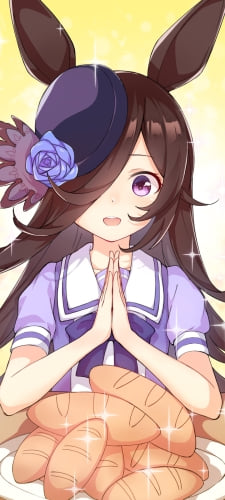 大量のフランスパンの前で笑顔のライスシャワー / いただきます / ウマ娘プリティーダービーのAndroid用のスマホ壁紙