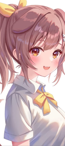 こちらに笑いかけるかわいい戌神ころね / 黄色いリボン / 赤いほっぺた / ホロライブ / バーチャルyoutuber / ファンアート / イラストのAndroid用のスマホ壁紙