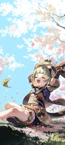 桜の木の下で伸びをするかわいい早柚 / 原神のAndroid用のスマホ壁紙
